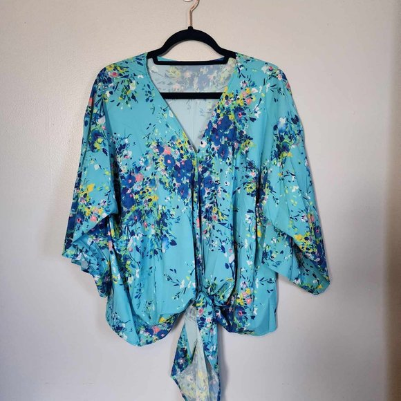 Women Blouse Womens Loose V Neck Floral Print Front Knot Bandage T-Shirt Tops - Picture 5 of 6